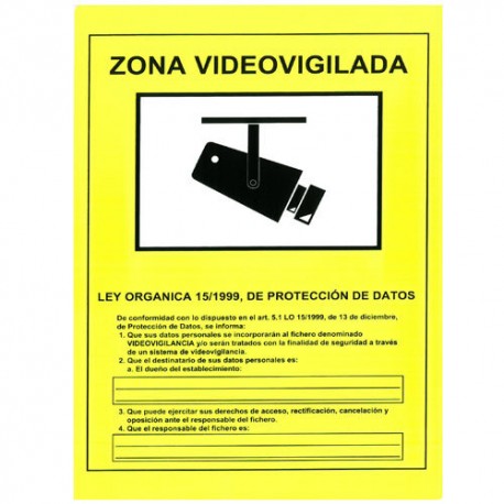 Cartel de Zona Videovigilada plástico para interior/exterior.Homologada según normativa vigente