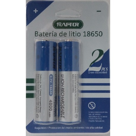 Batería 18650 Li-ion Marca RAPTOR 3.7V 4800 mAh (Blister 2 baterías)